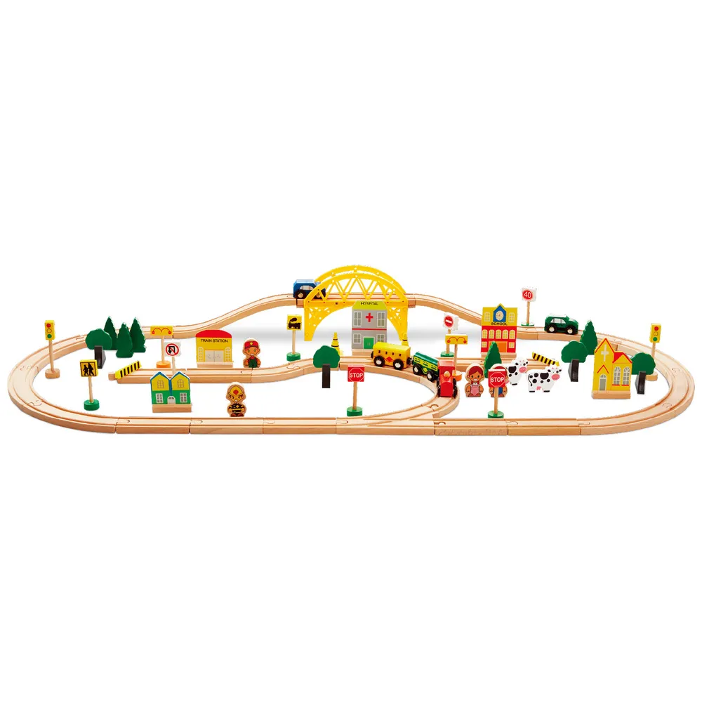 Circuit de tren din lemn, 80 piese, Multicolor