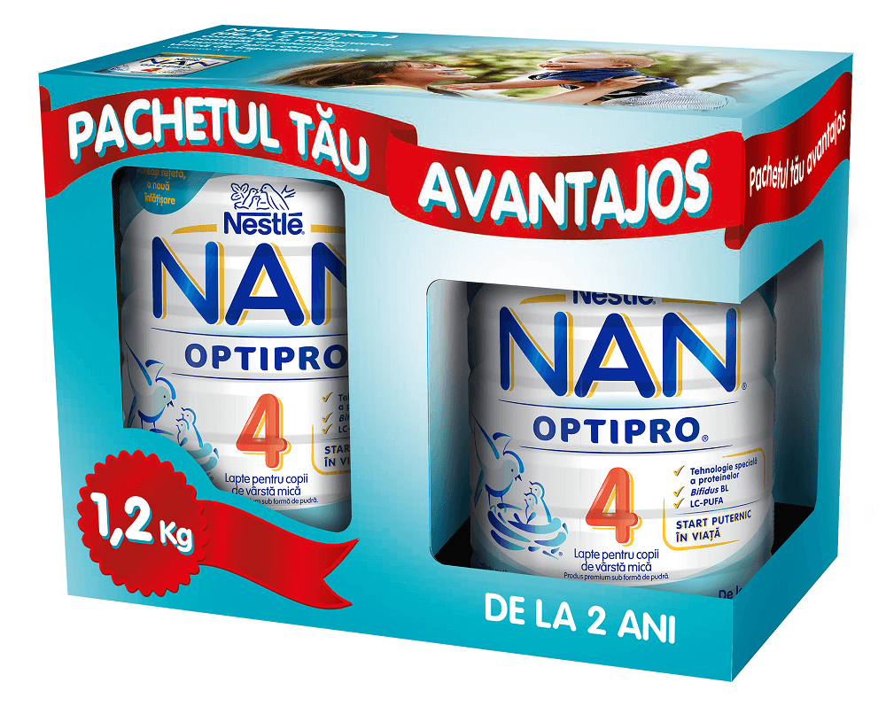 Lapte formula pentru copii de varsta mica Nestlé Nan Optipro 4 400g+800g