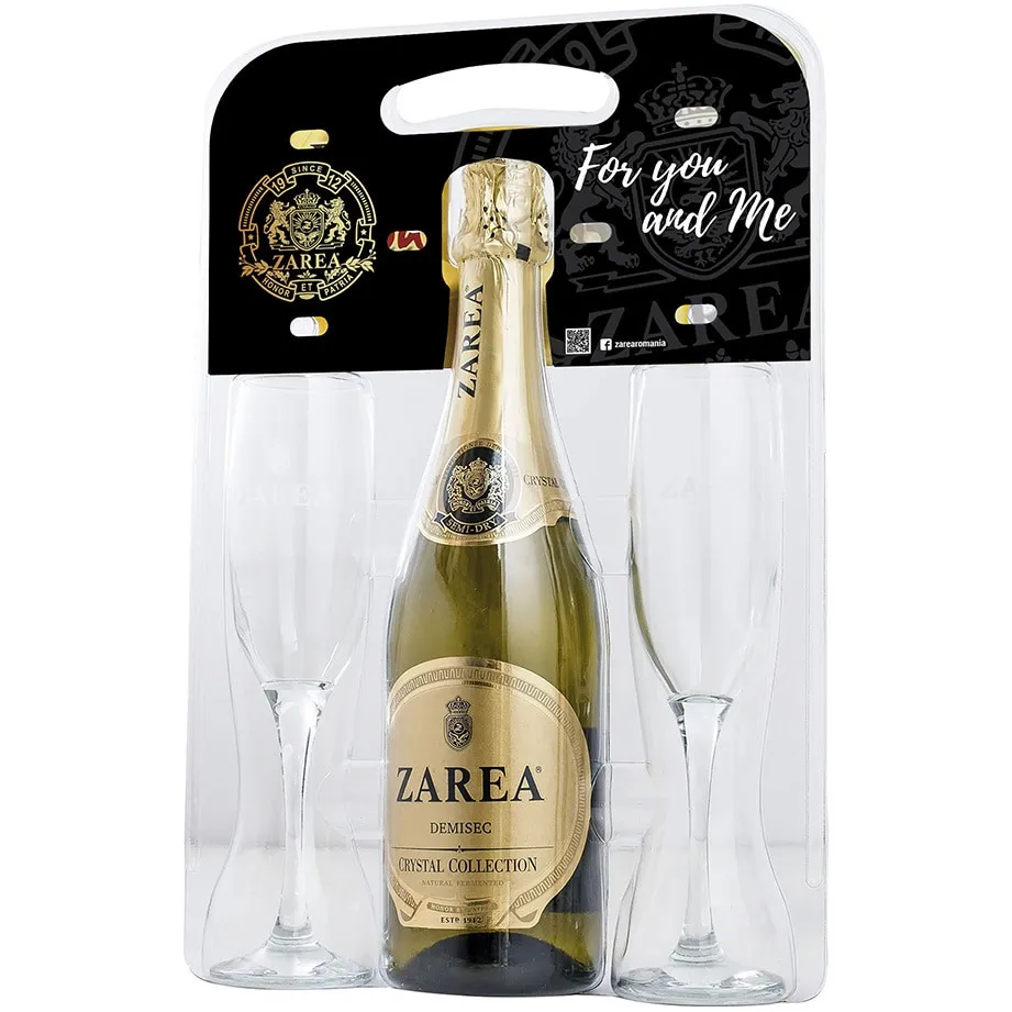 Pachet Zarea For You and Me - Crystal Collection alb demisec, 0.75L + 2 pahare