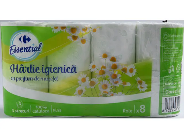 Hartie igienica fina Carrefour Essential cu parfum de musetel 3 straturi, 8 role