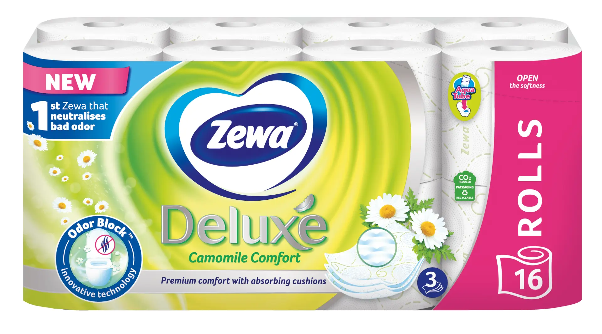 Hartie igienica Zewa Deluxe Camomile comfort, 3 straturi, 16 role