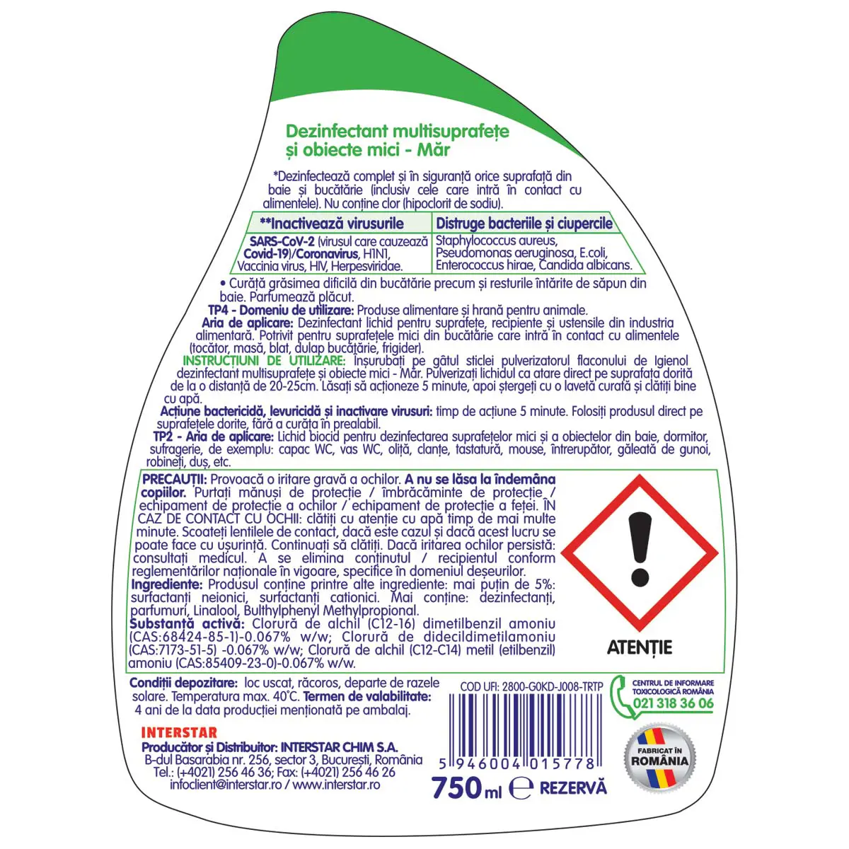 Rezerva dezinfectant universal pentru suprafete mici Igienol Mar, 750 ml