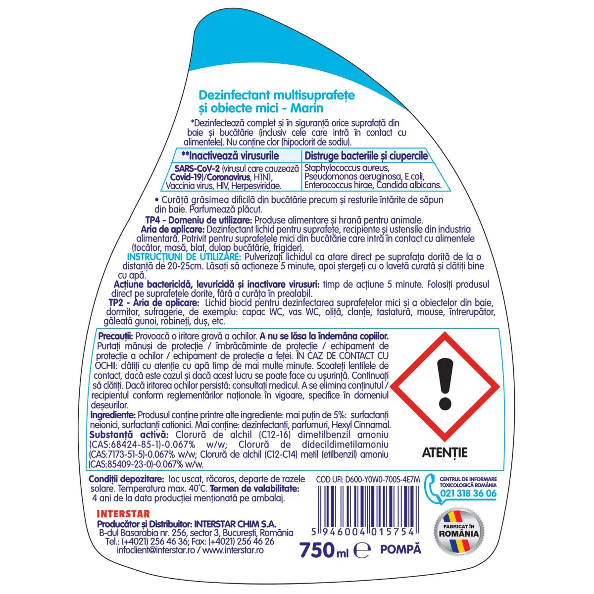 Rezerva dezinfectant universal pentru suprafete mici Igienol Marin, 750ml