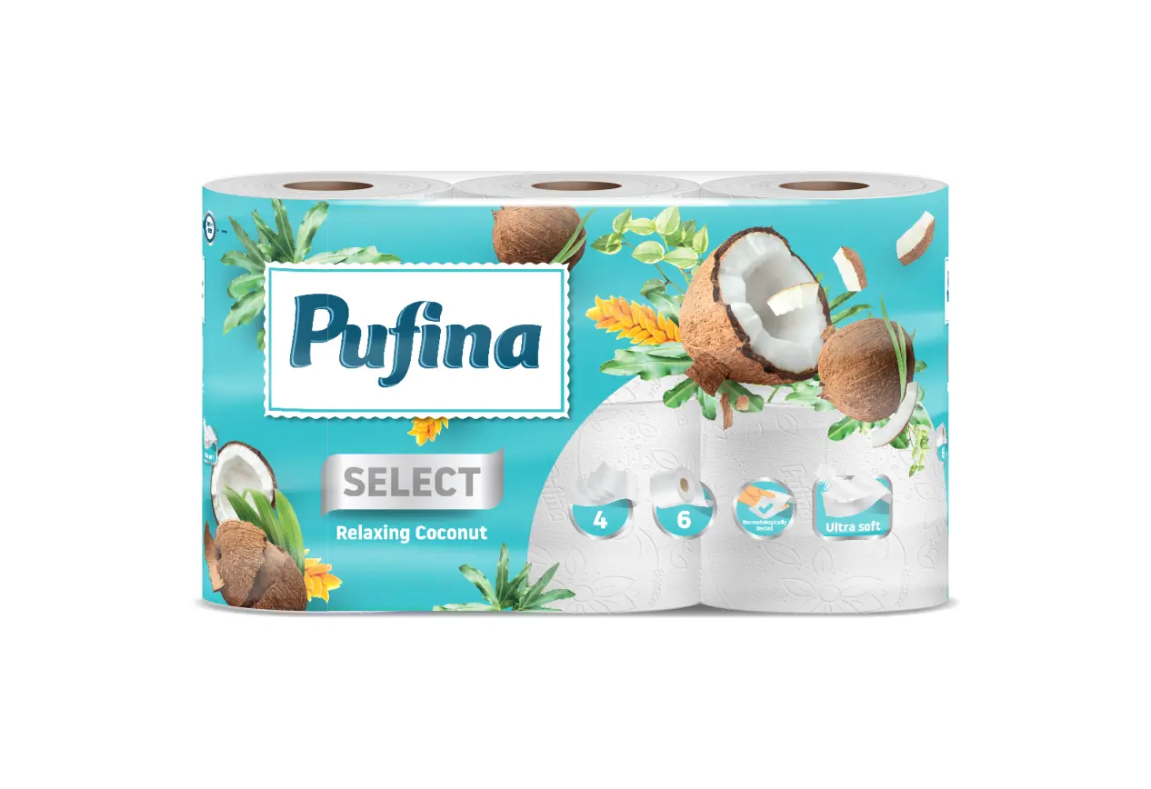 Hartie igienica cu parfum de cocos Pufina Lux 6role 4straturi