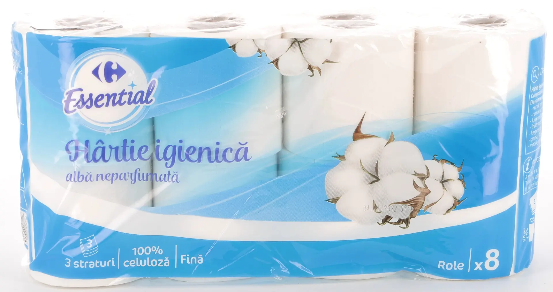 Hartie igienica alba neparfumata Carrefour Essential 3 straturi 8 role