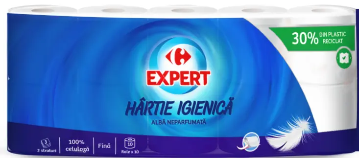 Hartie igienica Carrefour Expert, alba, neparfumata, 3 straturi, 10 role