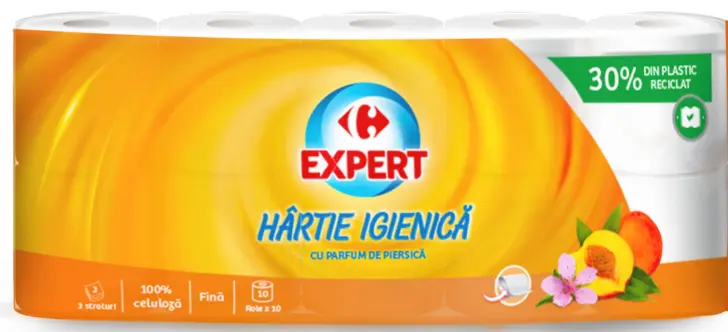 Hartie igienica Carrefour Expert, parfum de piersica, 3 straturi, 10 role
