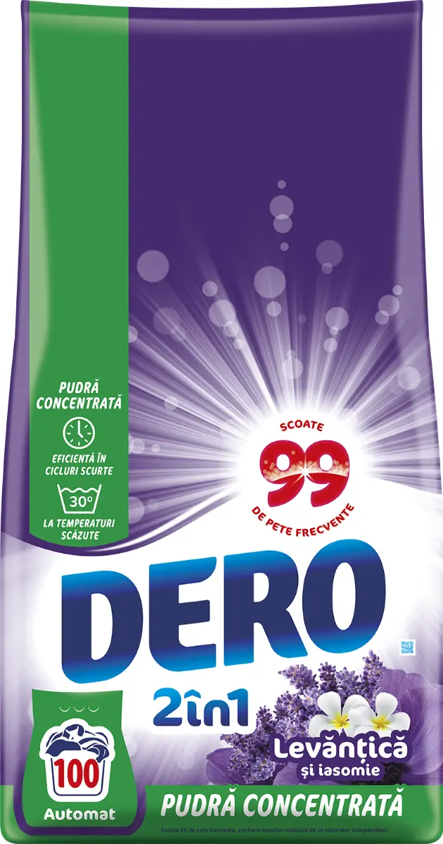 Detergent de rufe pudra Dero 2in1 Levantica si iasomie, 100 spalari, 7.5 kg