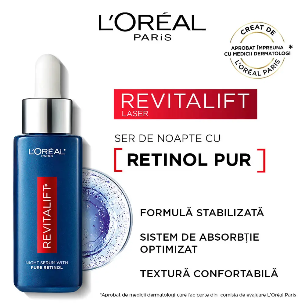 Ser antirid de noapte L'Oreal Paris Revitalift Laser imbogatit cu retinol pur, 30 ml