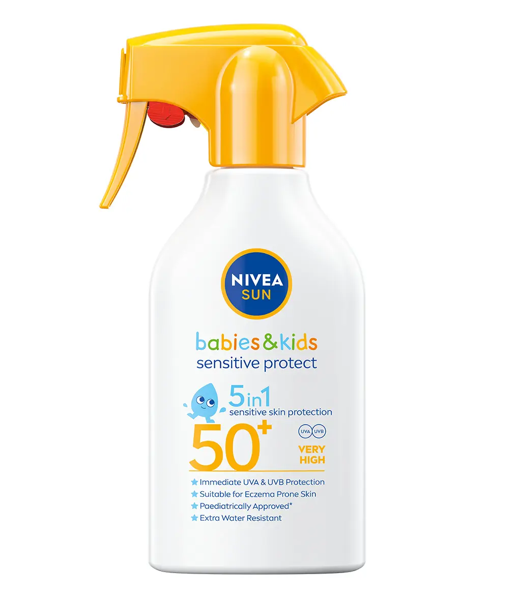 Spray cu pulverizator Nivea Sun Sensitive Protect, pentru copii, cu protectie solara SPF50+, 270ml