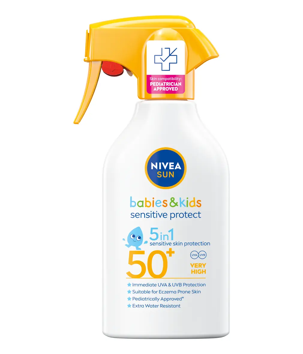 Spray cu pulverizator Nivea Sun Sensitive Protect, pentru copii, cu protectie solara SPF50+, 270ml