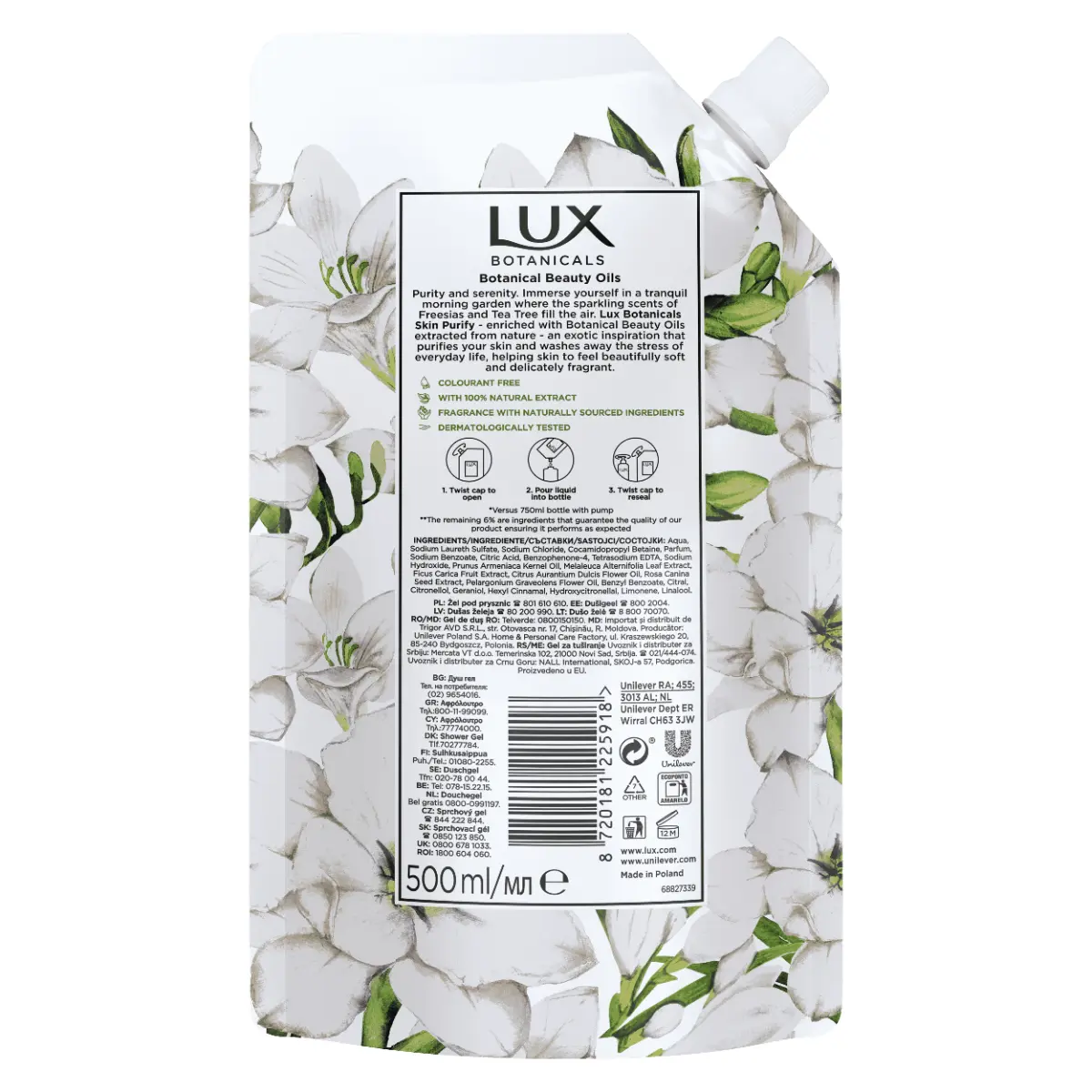 Rezerva Gel de dus LUX Botanicals Freesia and Tea Tree Oil,  500ml