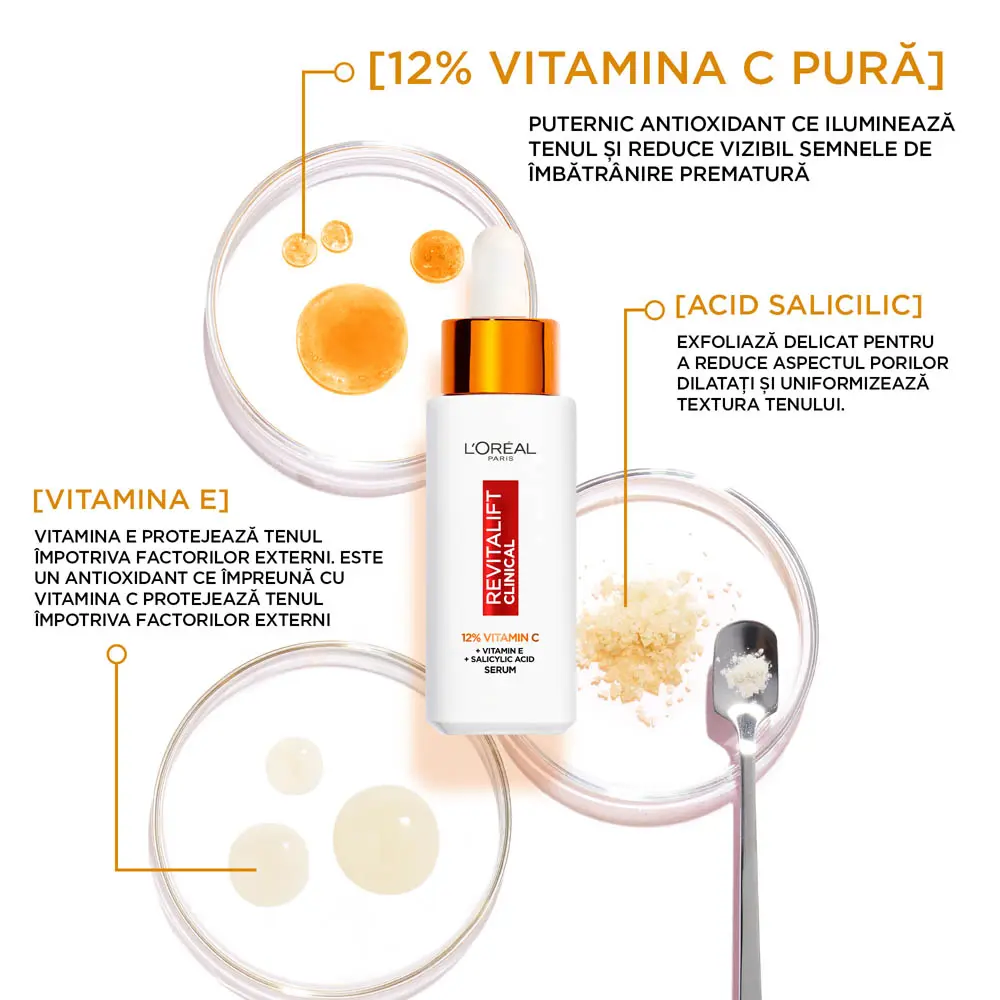 Serum cu efect de luminozitate L'Oreal Paris Revitalift Clinical imbogatit cu 12% Vitamina C Pura + Vitamina E si Acid Salicilic, 30 ml