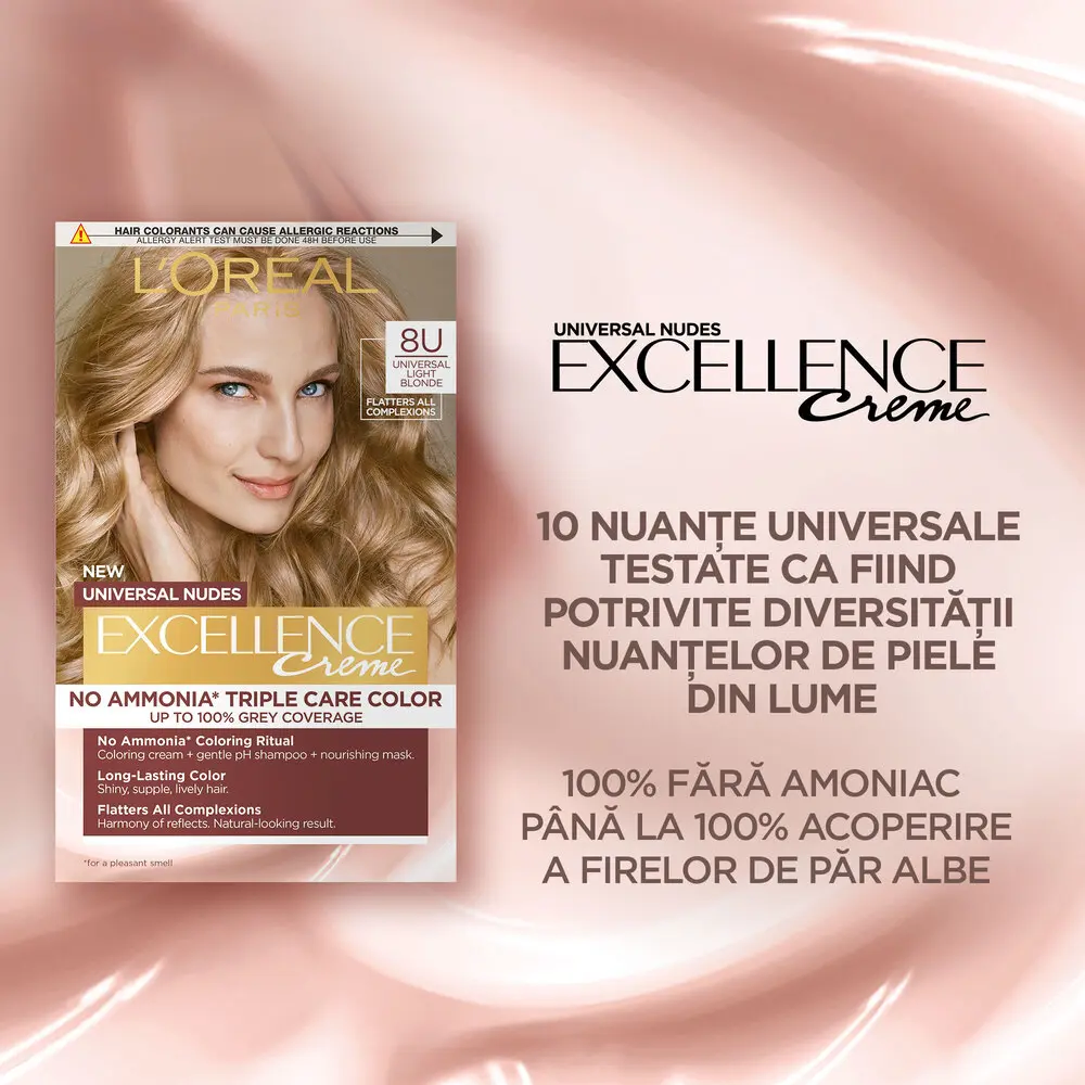 Vopsea de par permanenta fara amoniac L'Oreal Paris Excellence Universal Nudes, 8U Universal Light Blonde, 192 ml
