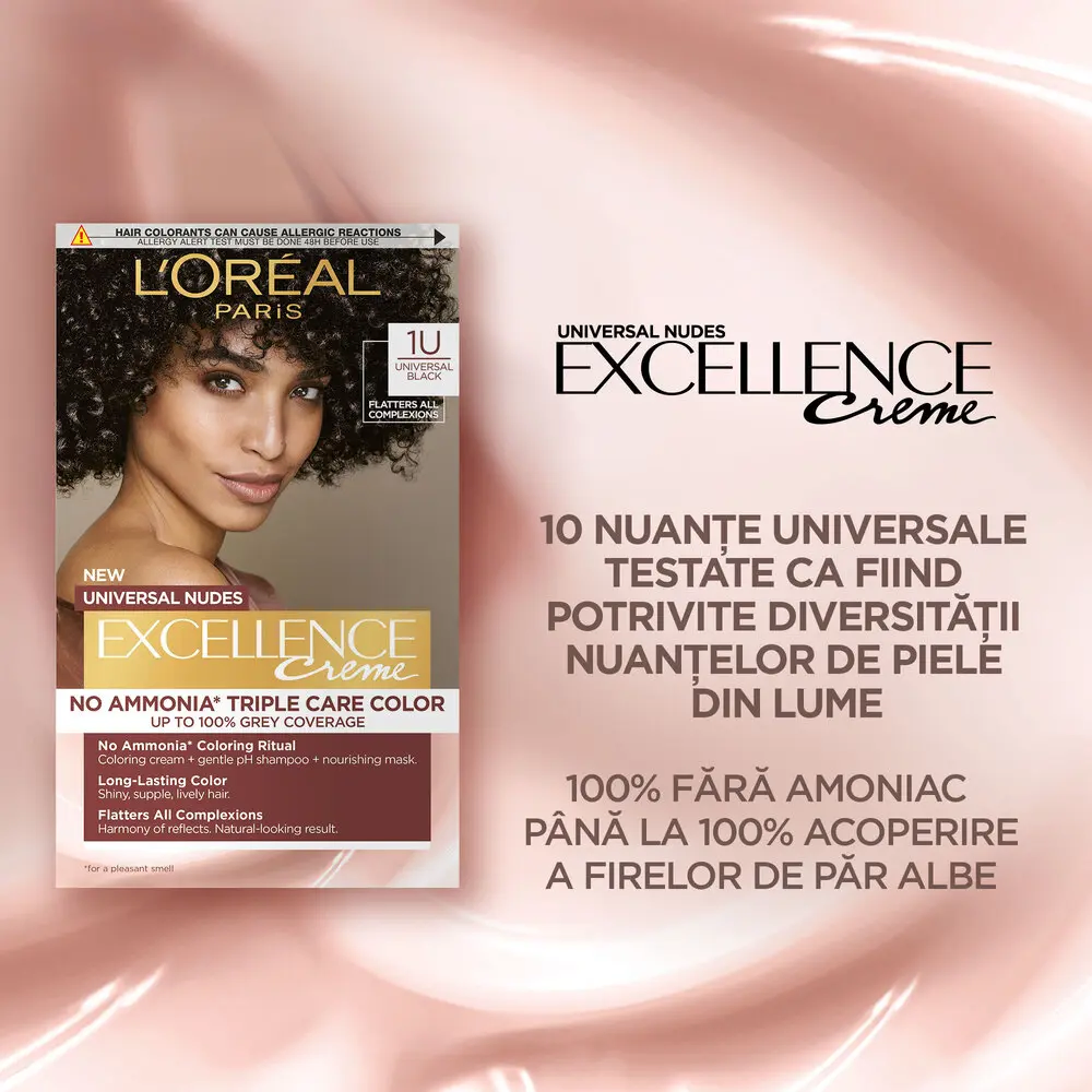 Vopsea de par permanenta fara amoniac L'Oreal Paris Excellence Universal Nudes, 1U Universal Black, 192 ml