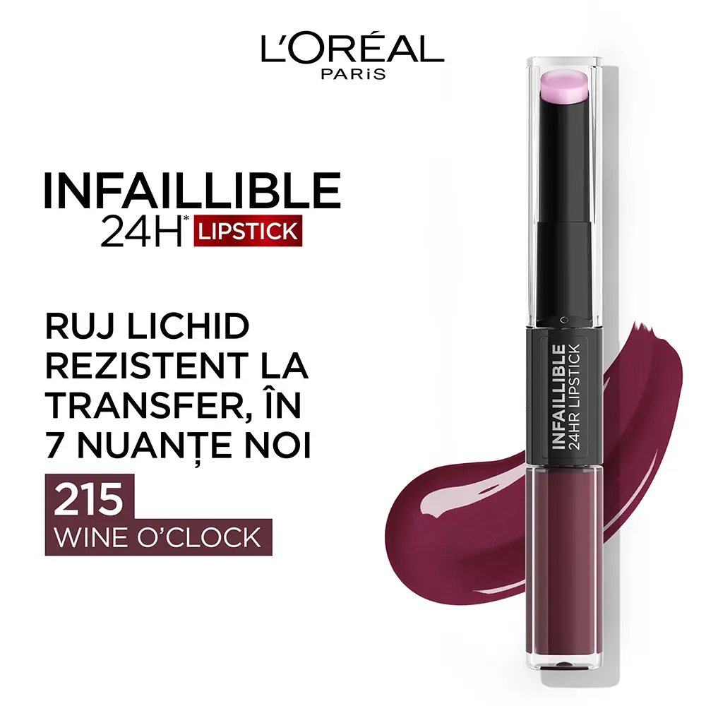 Ruj lichid rezistent la transfer L'Oreal Paris Infaillible 24H Lipstick 215 Wine O Clock, 6.4 ml