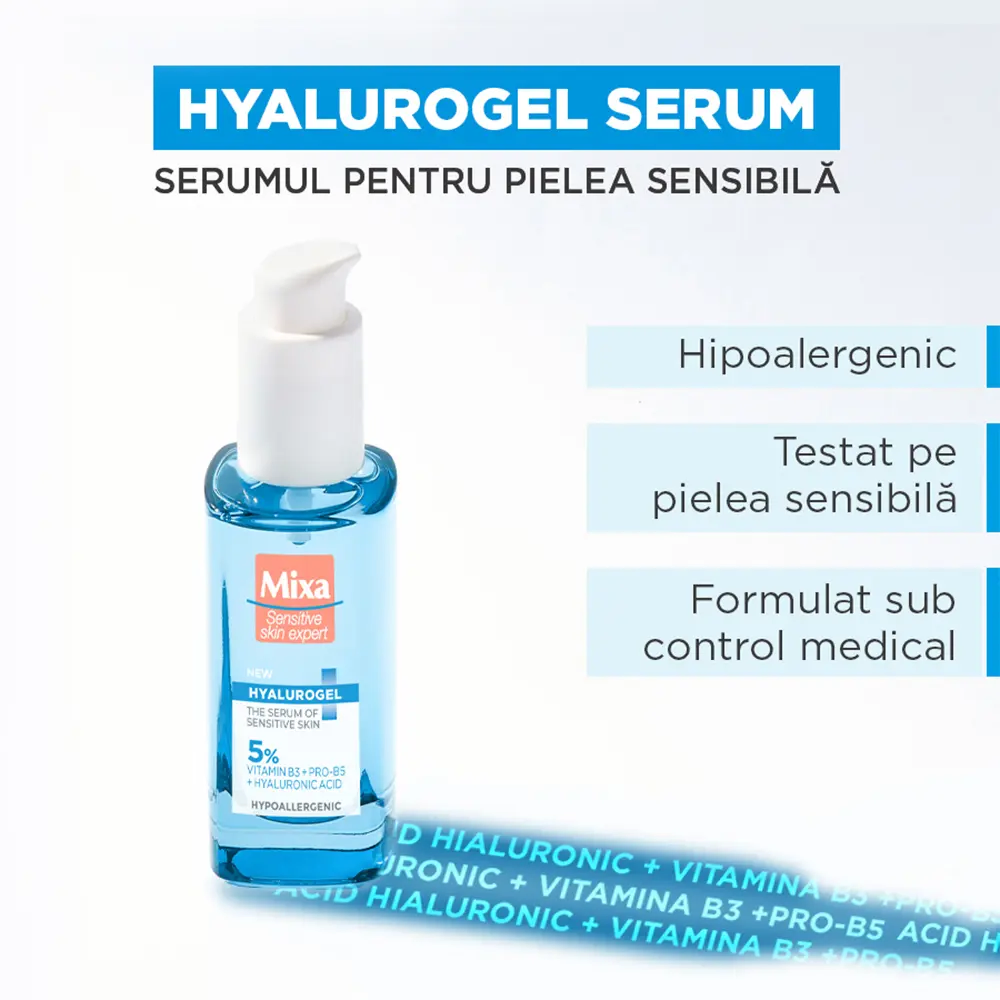 Serum imbogatit cu acid hialuronic Mixa Hyalurogel pentru pielea sensibila, 30 ml
