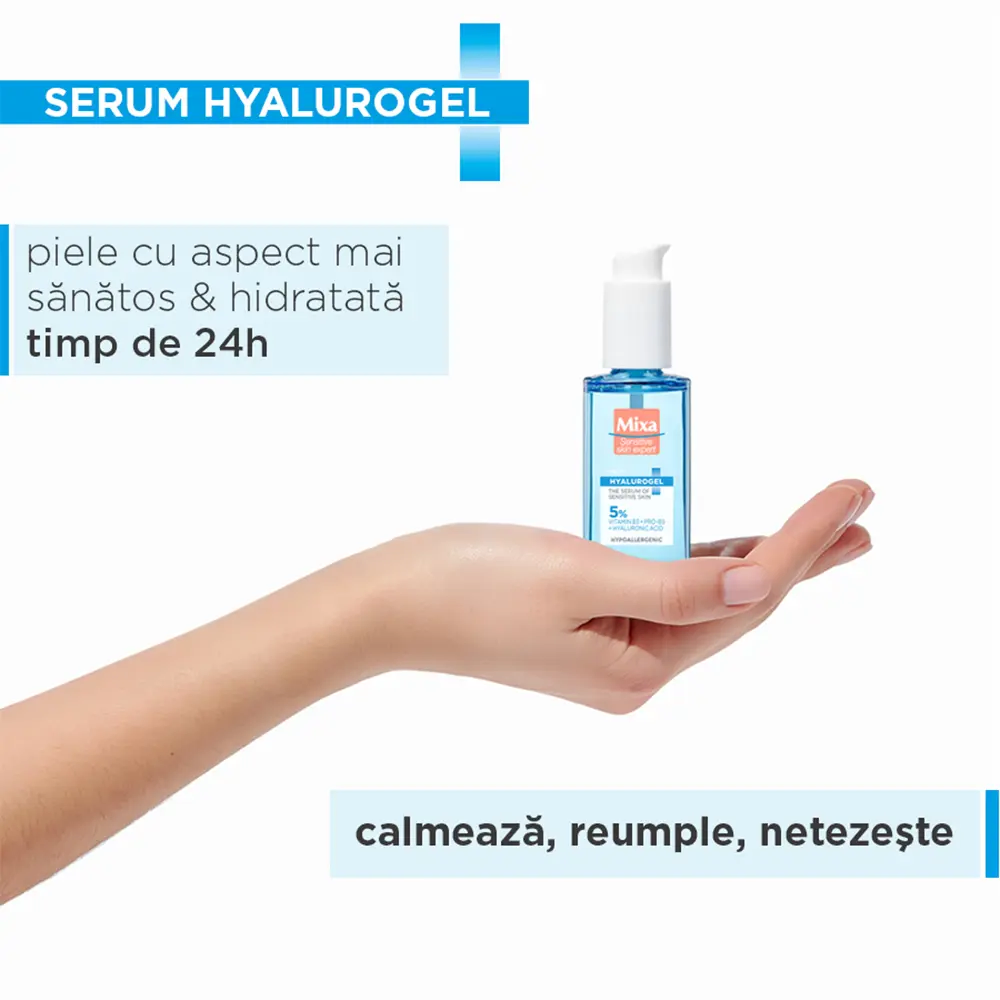 Serum imbogatit cu acid hialuronic Mixa Hyalurogel pentru pielea sensibila, 30 ml