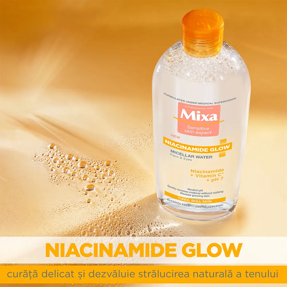Apa micelara iluminatoare Mixa Niacinamide Glow cu niacinamide si vitamina C, 400 ml