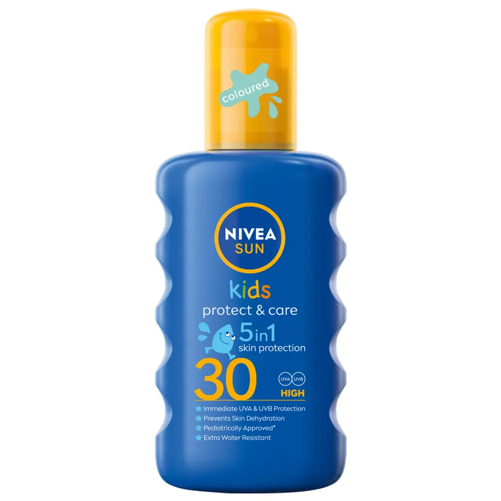 Spray colorat Nivea Sun Kids Protect & Care 5in1, pentru copii, SPF 30, 200 ml