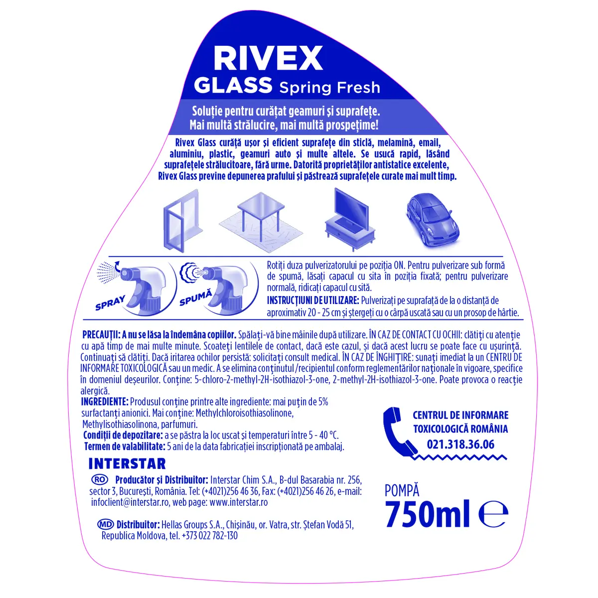 Detergent de geamuri pulverizator Rivex Glass Spring Fresh, 750 ml