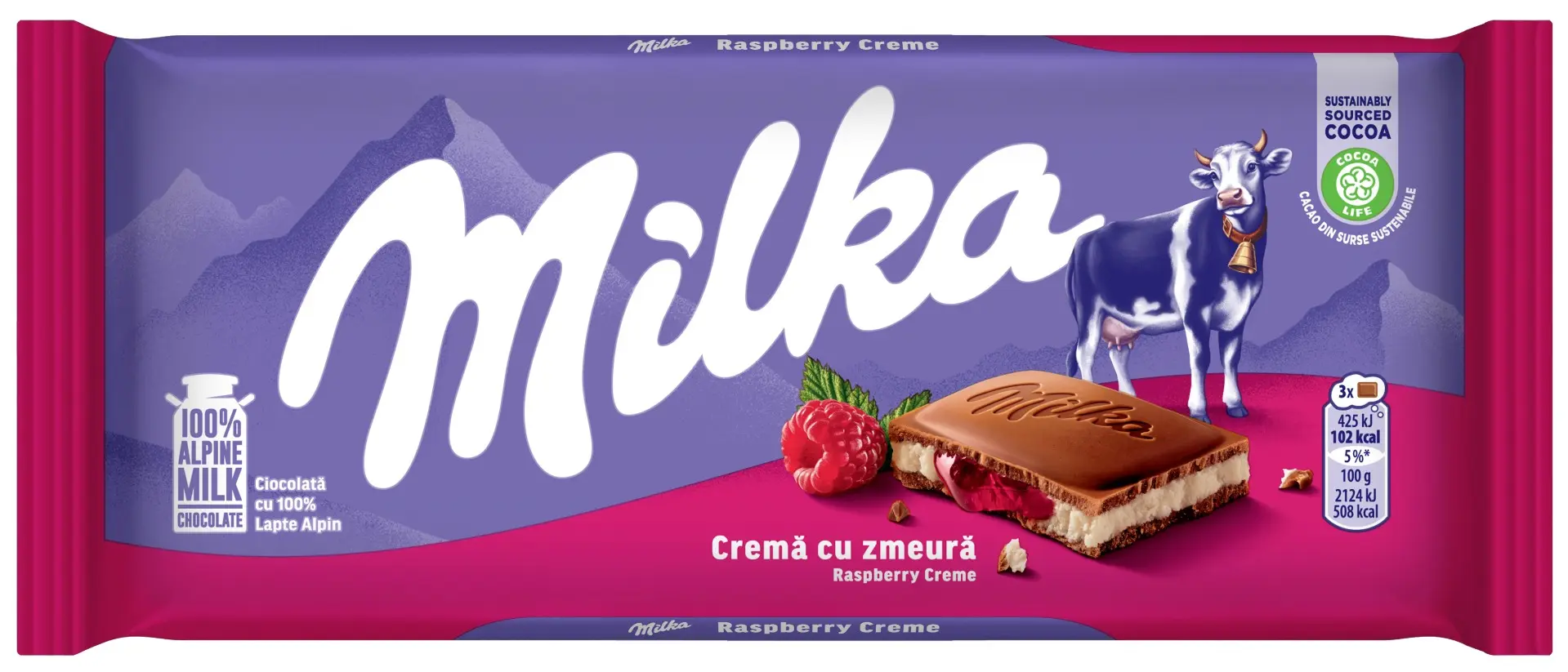 Ciocolata Milka umpluta cu crema zmeura 100g