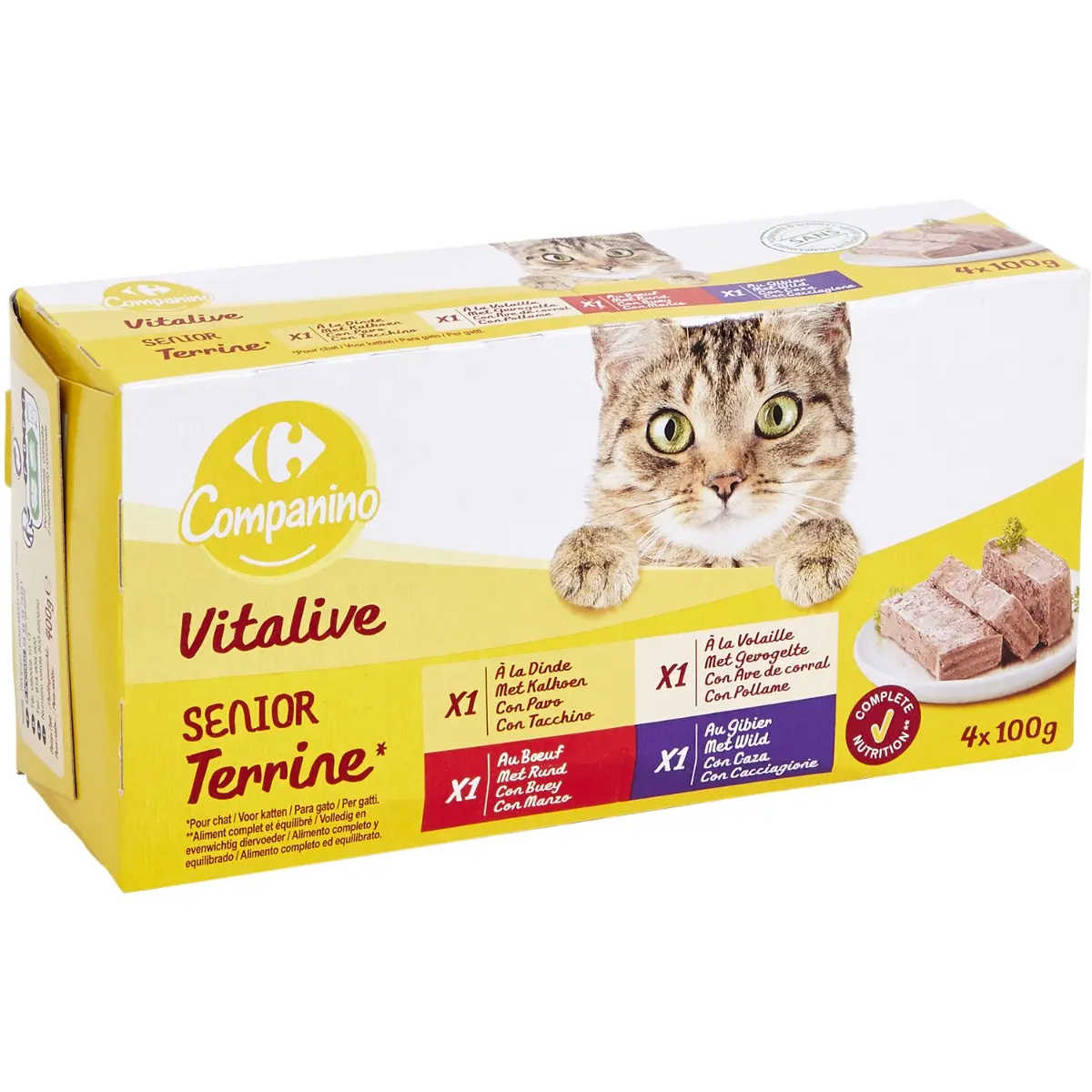 Hrana umeda pentru pisici cu pasare, vita si vanat Carrefour 4x100g