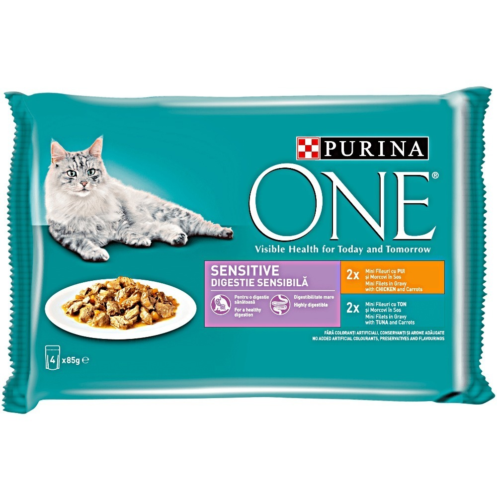 Pachet hrana umeda pentru pisici cu pui/ton Purina One Sensitive 4x85 g