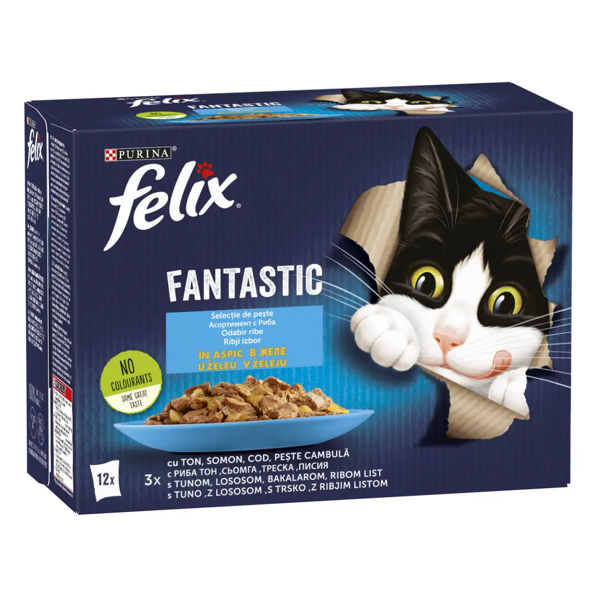 Hrana umeda pentru pisici, Felix Fantastic cu ton/somon/cod/peste in Cambula, in aspic, pachet mixat, 12x85g