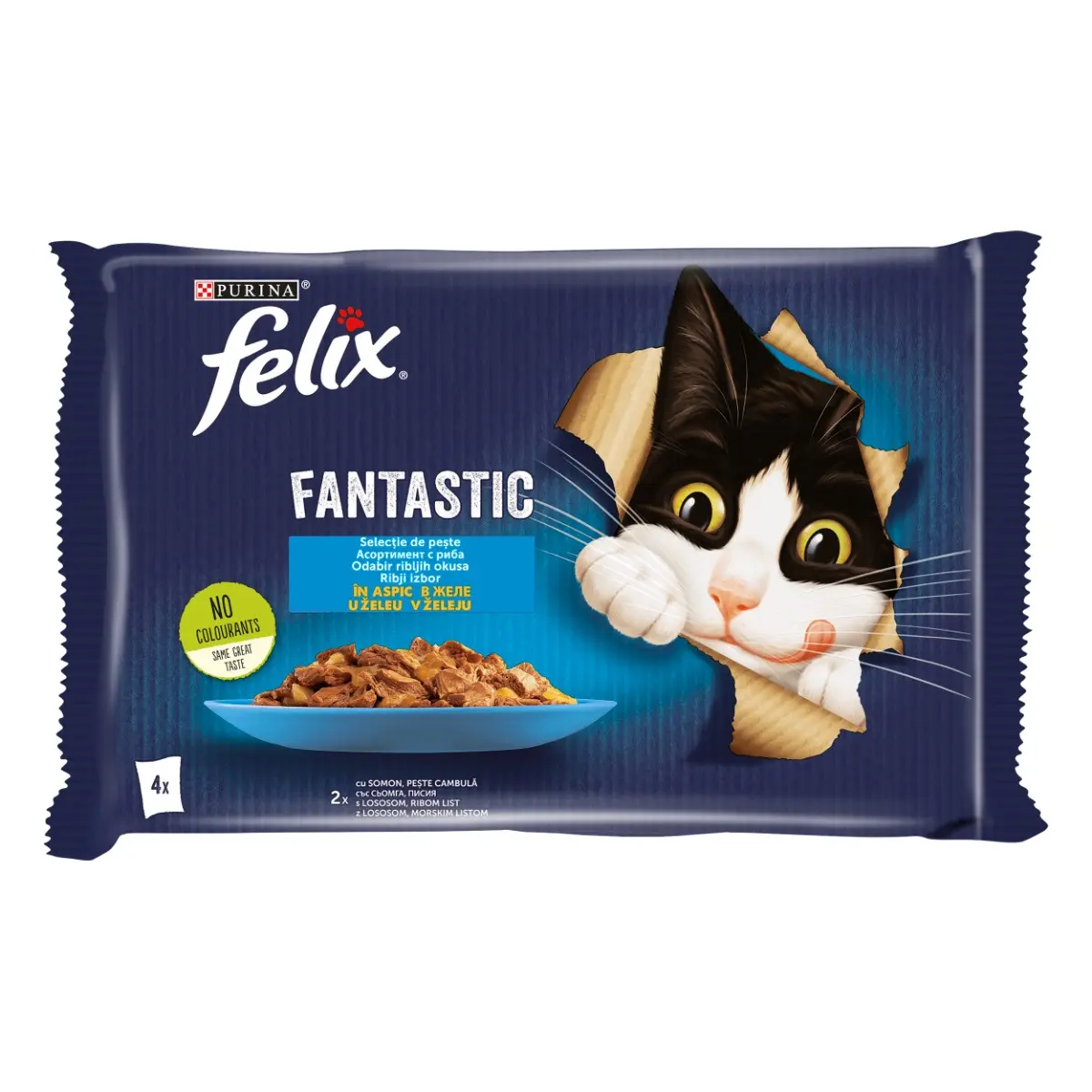 Hrana umeda pentru pisici, Felix Fantastic cu somon/peste in Cambula, in aspic, pachet mixat, 4x85g
