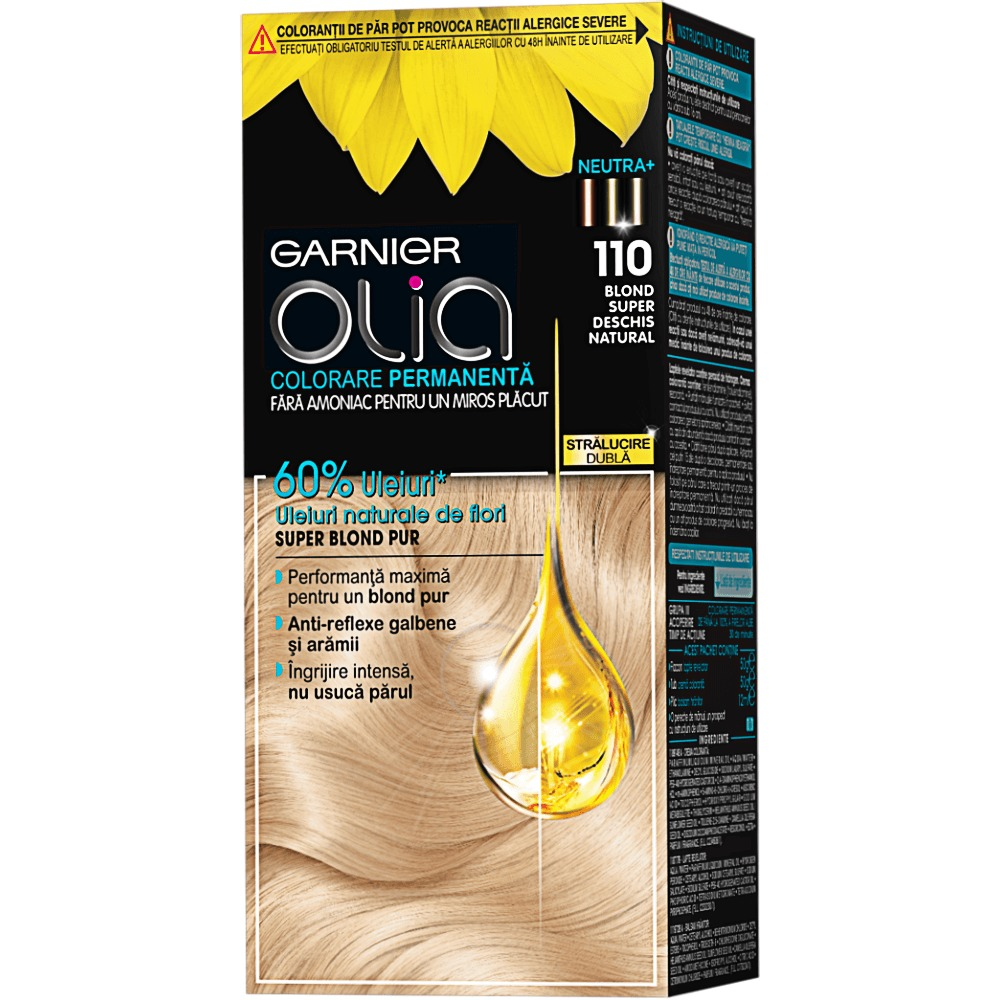 Vopsea de par permanenta fara amoniac, Garnier Olia, 110 Blond Super Deschis Natural, 112 ml