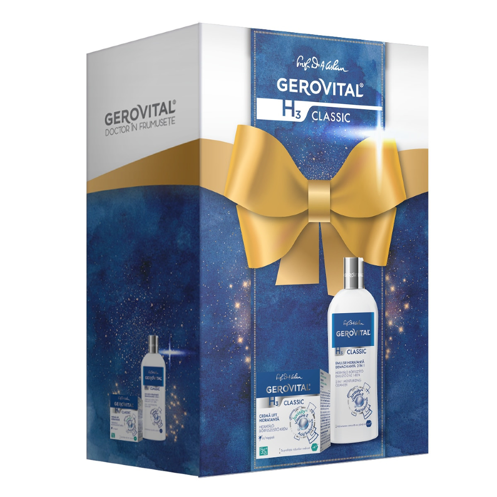 Set cadou Gerovital H3 Classic-Crema Lift Hidratanta de zi, 50 ml + Emulsie Hidratanta Demachianta 2 in 1, 200 ml