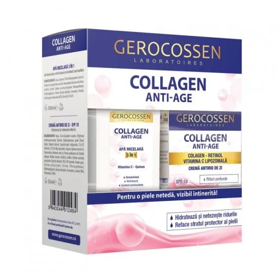 Set cadou Gerocossen Collagen Anti-Age: Crema antirid de zi SPF 10 50 ml si Apa micelara 3in1, 300 ml
