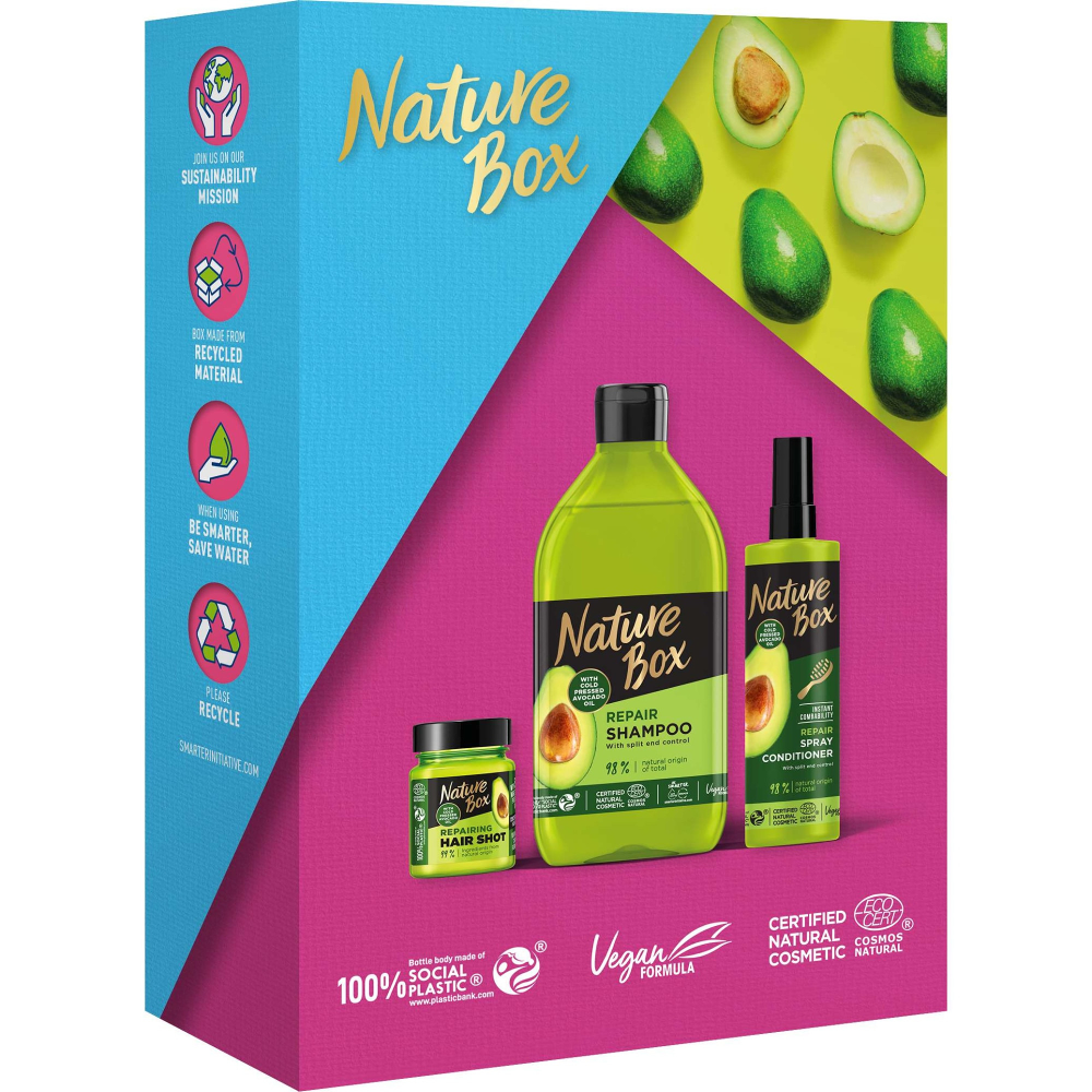 Set Nature Box Avocado cu ulei de avocado presat la rece pentru par deteriorat: Sampon, 385 ml + Balsam Spray, 200 ml + Tratament concentrat, 60 ml