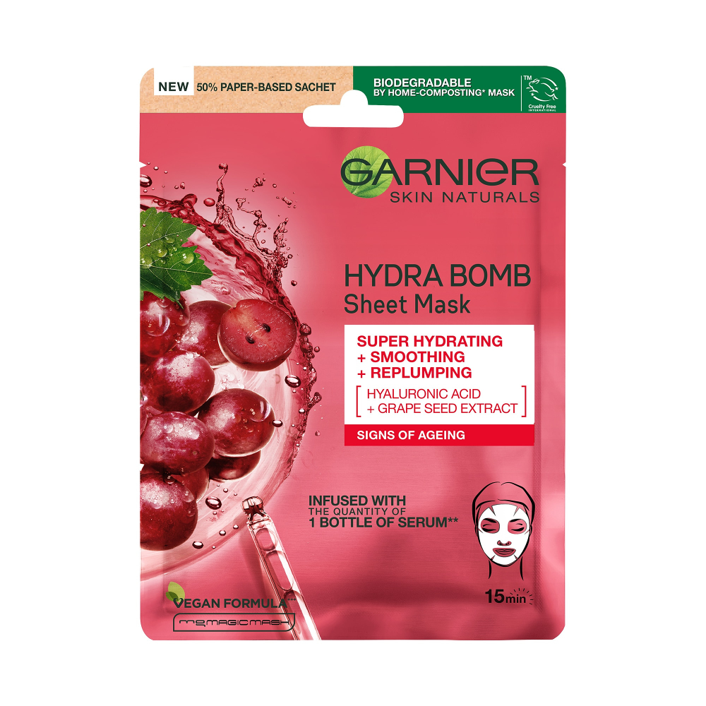 Masca servetel Garnier Skin Naturals hidratanta cu extract de seminte de struguri, 28 g