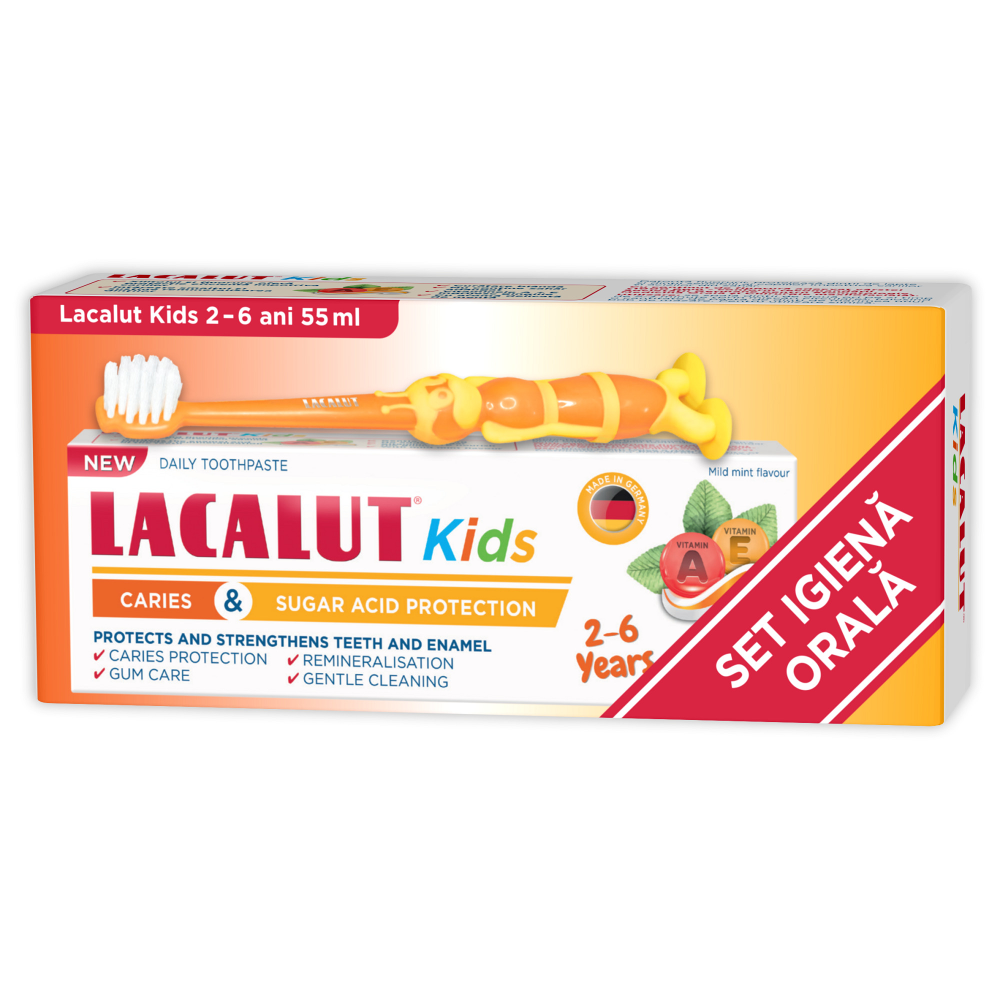 Pasta de dinti Lacalut Kids 2-6 ani protectie anticarie si zaharuri, 55 ml + periuta