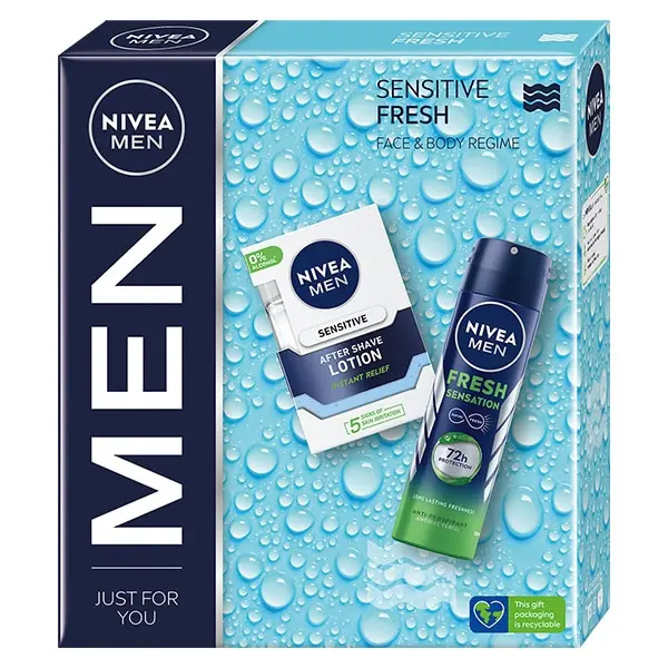 Set cadou barbati: Lotiune dupa ras Nivea Men Sensitive, 100ml + Deodorant spray Nivea Fresh Sensation, 150ml