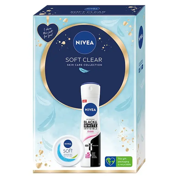 Set cadou: Crema Nivea Soft Care, 100 ml + Deodorant spray femei Nivea Black & White Invisible Clear, 150 ml