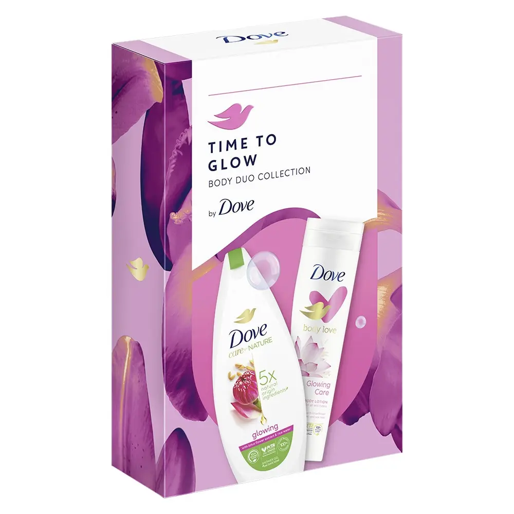 Set cadou Dove: Gel de dus Dove Glowing, 225 ml + lotiune de corp Dove Glowing Care, 250 ml