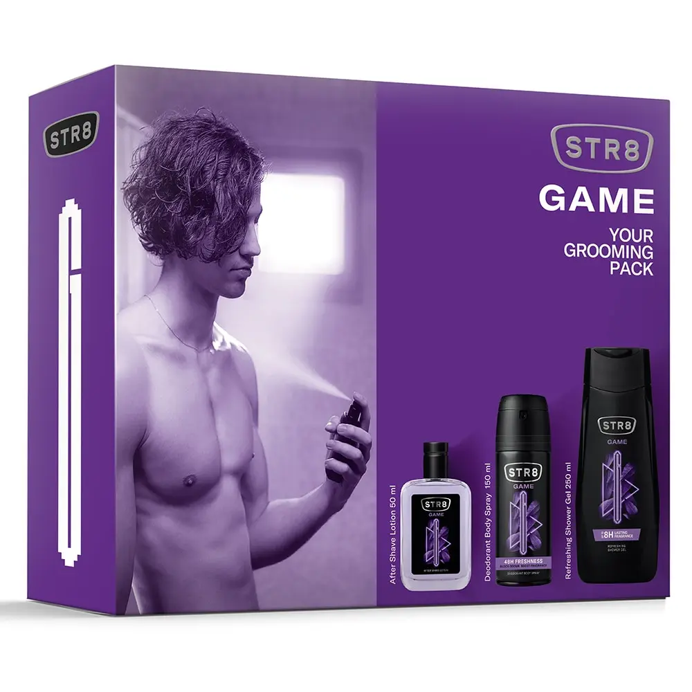 Set cadou STR8 GAME: Lotiune dupa barbierit, 50 ml + Deodorant spray pentru corp, 150 ml + Gel de dus, 250 ml