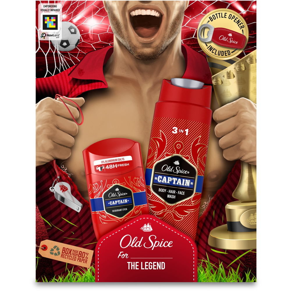 Set Cadou Old Spice Footballer: Gel de dus Captain, 250 ml + Deodorant stick Captain, 50 ml + Desfacator de sticle