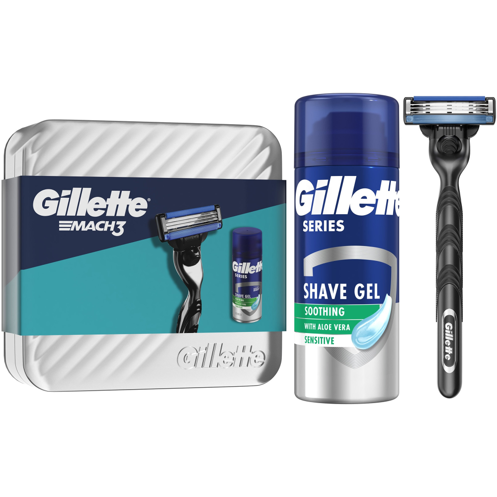 Set cadou Gillette Mach3: Aparat de ras + Gel de ras cu efect calmant, 75 ml + Cutie reutilizabila