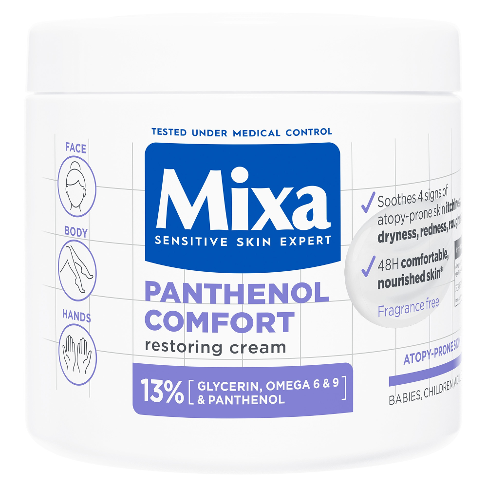 Crema reparatoare pentru fata si corp Mixa Panthenol Comfort cu 13% Glicerina, Omega 6 si 9 si Pantenol, piele cu tendinta atopica, 400 ml
