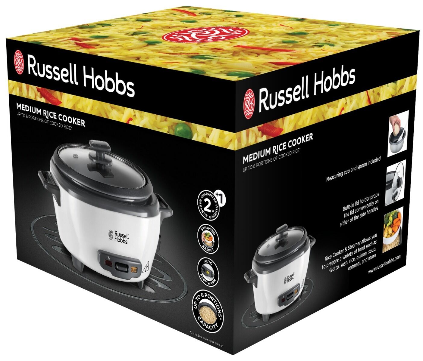 Aparat de gatit orez Russell Hobbs Medium 27030-56, 300 W, 1.4 L, mentinere automata la cald, alb/negru