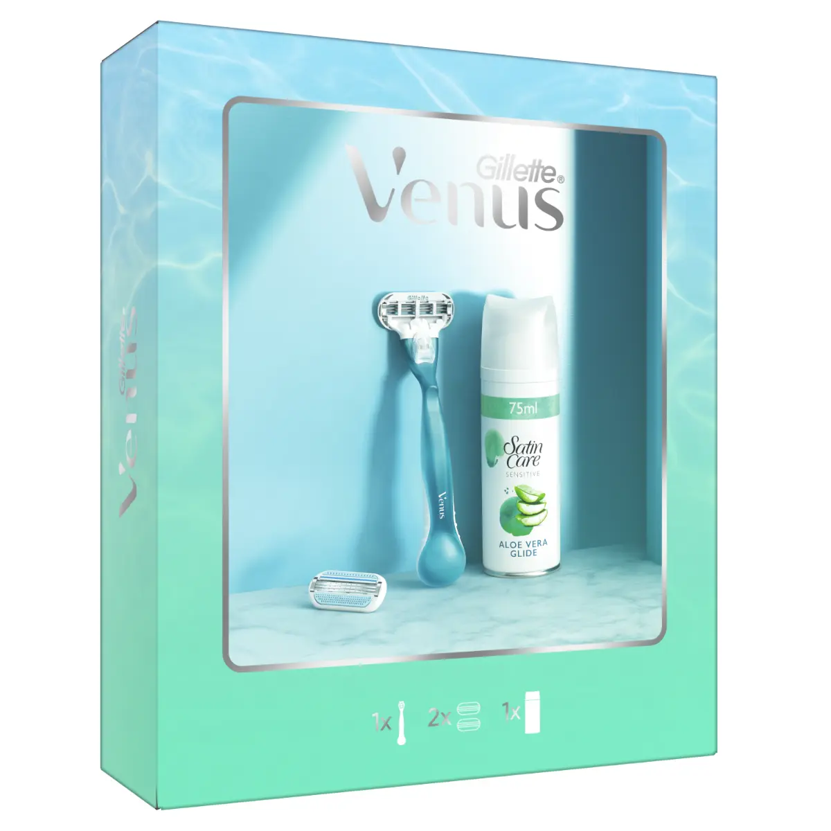 Set Cadou Venus Smooth: Aparat de ras pentru femei + 1 Lama de rezerva + Gel de ras Satin Care Sensitive Aloe Vera Glide, 75 ml