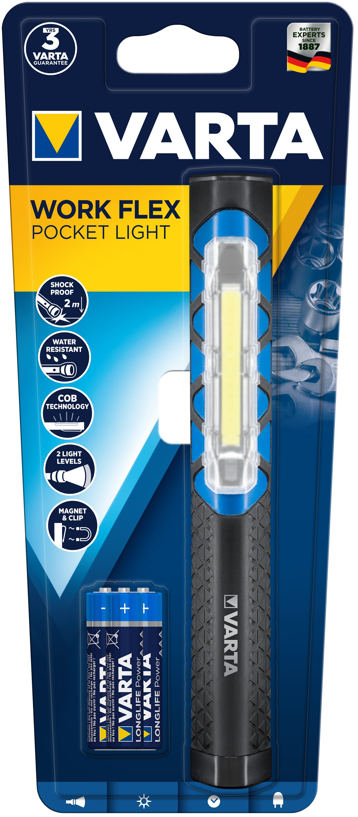 Lanterna Varta Work Flex Pocket Light, plastic cu invelis cauciuc, negru