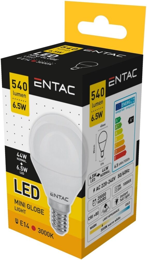 Bec LED mini glob Entac , E14, 6.5W, 540 lumeni