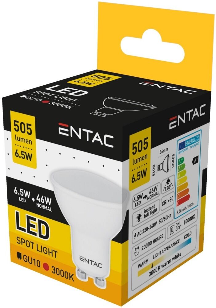 Bec LED spot GU10 Entac , 6.5W, wide angle, 505 lumeni