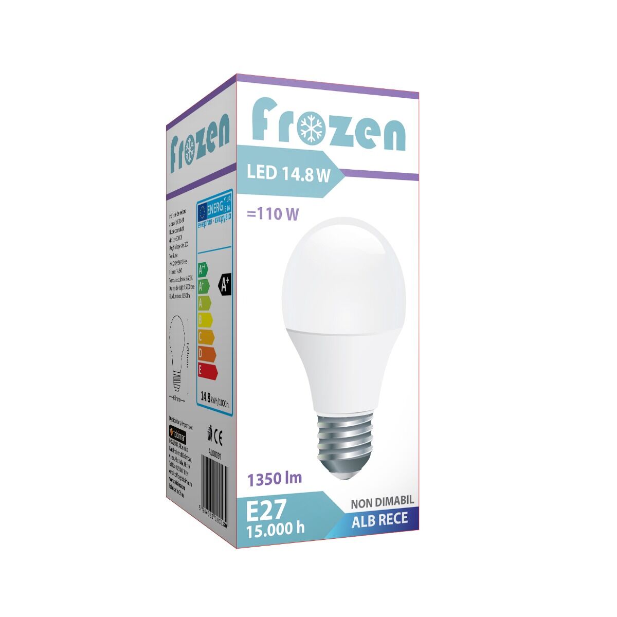 Bec LED Frozen, putere 14.8W, echivalent 110W, dulie E27, lumina rece, flux luminos 1250 lumeni