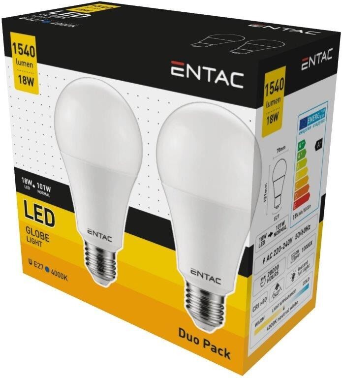 Set 2 becuri tip glob LED Entac, E27, 6.5W, 1540 lumeni